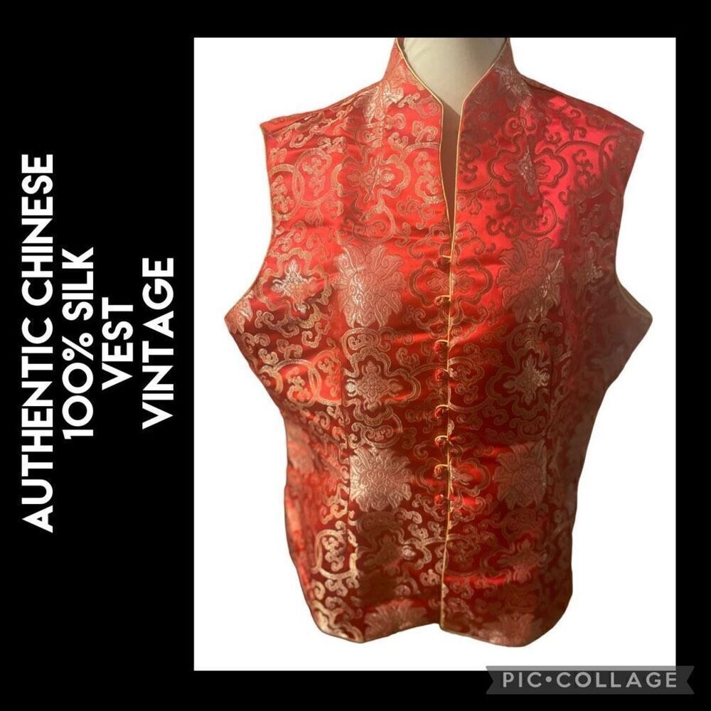Asian Red and Gold Vintage 100% Silk Sleeveless Vest Size XXL